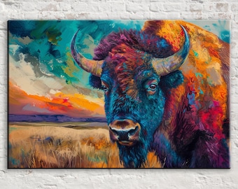 American Bison Canvas Art, Colorful Prairie Buffalo | Framed or Unframed, Ready to Hang, Available in Extra Large Sizes