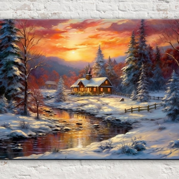 Winter's Magic - Cabin in the Winter, Thomas Kinkade style, Giclee Print on Gallery-wrapped Artist Canvas, Available in Extra Large Sizes