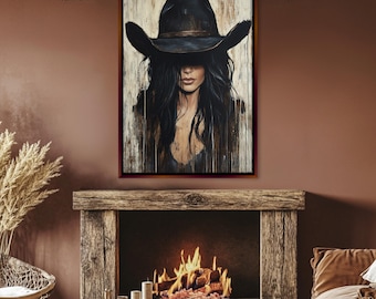 Black-Haired Cowgirl Western Wall Decor,  Female Canvas Print, Framed Unframed, Gallery-wrapped Giclée, Ready to Hang, Extra Large Wall Art