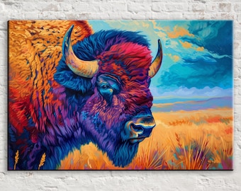 Colorful Bison Majesty: Prairie Wildlife, Buffalo Wall Art, Giclee Print on Gallery-wrapped Artist Canvas, Available in Extra Large Sizes