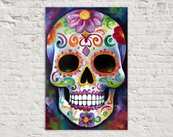 Sugar Skull Canvas Wall Art, Colorful Day of the Dead Watercolor Painting Print, Dia De Los Muertos Wall Art, Giclee Canvas Wall Art