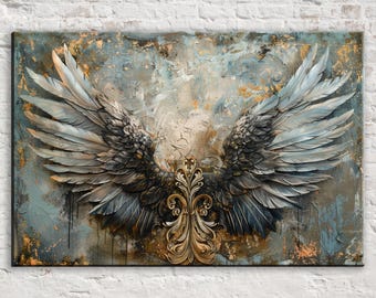 Gold and Blue Angel Wings Wall Art, Ornate Feathers, Print on Gallery-wrapped Artist Canvas, Ready to Hang, Available in Extra Large Sizes