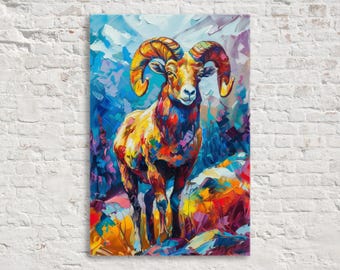 Alpine Bighorn Sheep Rocky Outcrop Artwork, Giclee Print on Gallery-wrapped Artist Canvas, Ready to Hang, Available in Extra Large Sizes