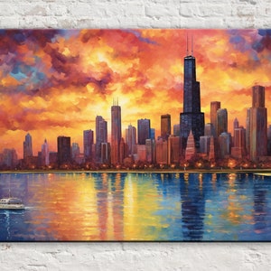 Chicago Skyline from the water, Chicago Canvas, Modern Chicago Painting, Skyline Wall Art, Urban Wall Decor, Large Canvas Art