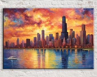 Chicago Skyline from the water, Chicago Canvas, Modern Chicago Painting, Skyline Wall Art, Urban Wall Decor, Large Canvas Art