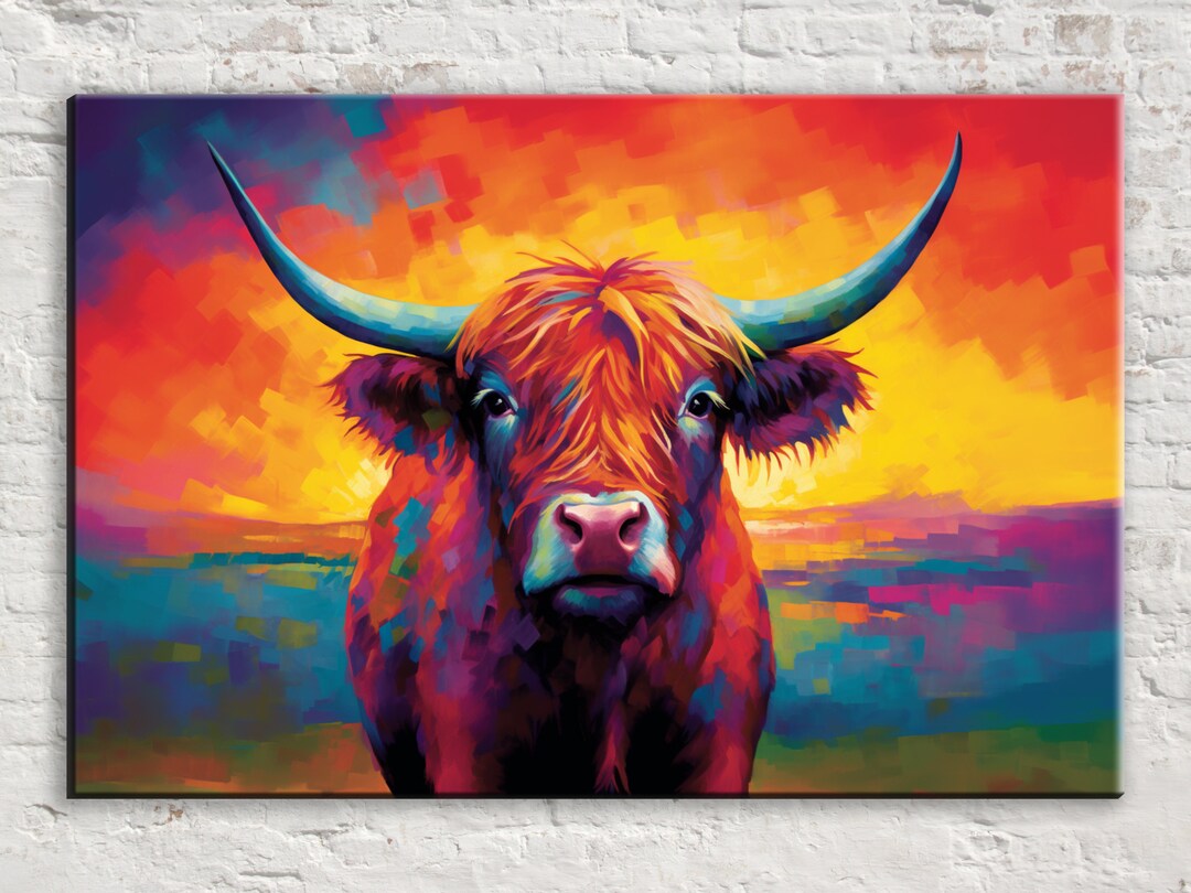 Colorful Highland Cow Art, Farmhouse Decor, Giclee Print on Gallery ...