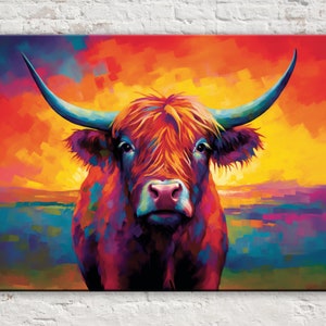 Colorful Highland Cow Art, Farmhouse Decor, Giclee Print on Gallery-wrapped Artist Canvas, Ready to Hang, Available in Extra Large Sizes