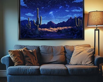 Sonoran Desert Saguaro Cactus Night Landscape Canvas Print, Framed or Unframed, Gallery-wrapped Giclée, Ready to Hang, Extra Large Wall Art