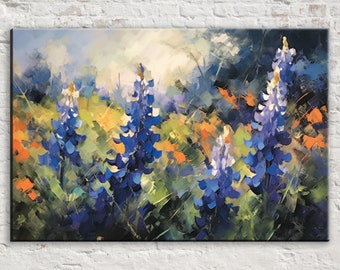 Texas Bluebonnet Bliss : toile d'art murale représentant des fleurs sauvages printanières, impression giclée sur toile d'artiste, disponible en très grand format