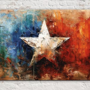 Peut inclure: Peinture abstraite représentant une grande étoile blanche sur un fond de coups de pinceau bleus, rouges et bruns. L'œuvre a un style texturé, empâté, avec des couches de peinture visibles. L'œuvre est encadrée et prête à être accrochée.