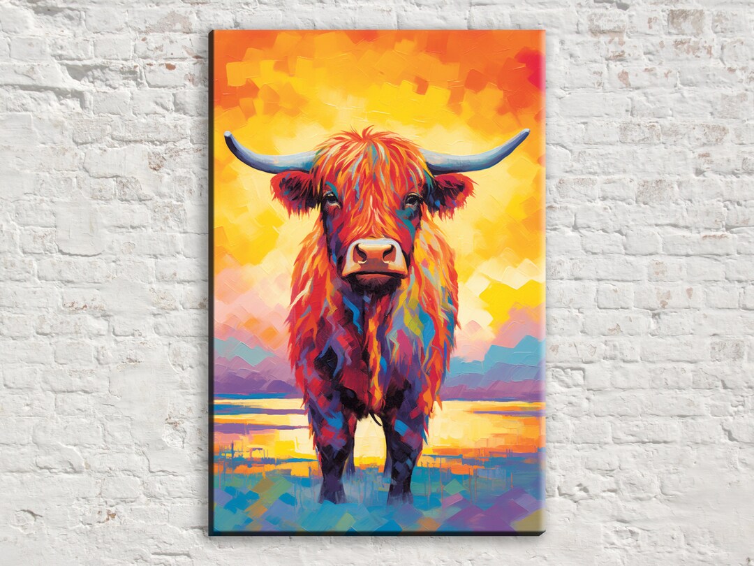 Rustic Highland Cow Canvas, Farmhouse Decor, Scottish Cow Wall Art