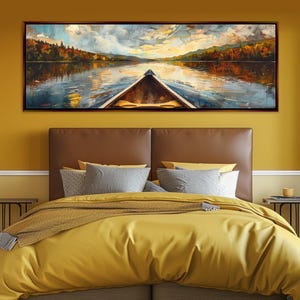 Panoramic Canoe on River Canvas, Lakehouse Wall Art, Long Horizontal Lake River Scene | Framed or Unframed, Available in Extra Large Sizes