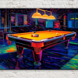 Pool Hall Billiards Table, Neon Synthwave Art, Giclée Print on Gallery-wrapped Artist Canvas, Ready to Hang, Available in Extra Large Sizes