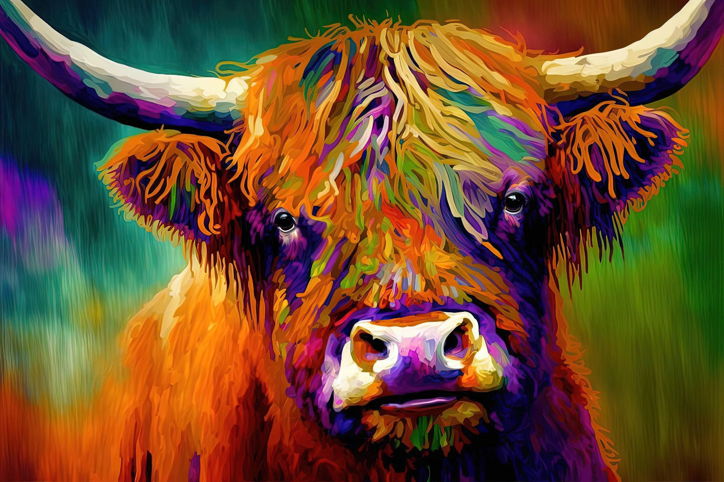Highland Cow Canvas, Colorful Farmhouse Wall Art, Fashion Giclee Canvas ...
