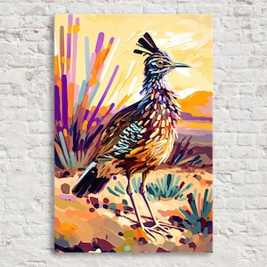 May include: A vibrant painting of a roadrunner bird in a desert landscape. The artwork features a colorful palette of yellows, oranges, purples, and greens. The roadrunner is depicted with detailed feathers and a distinctive crest.