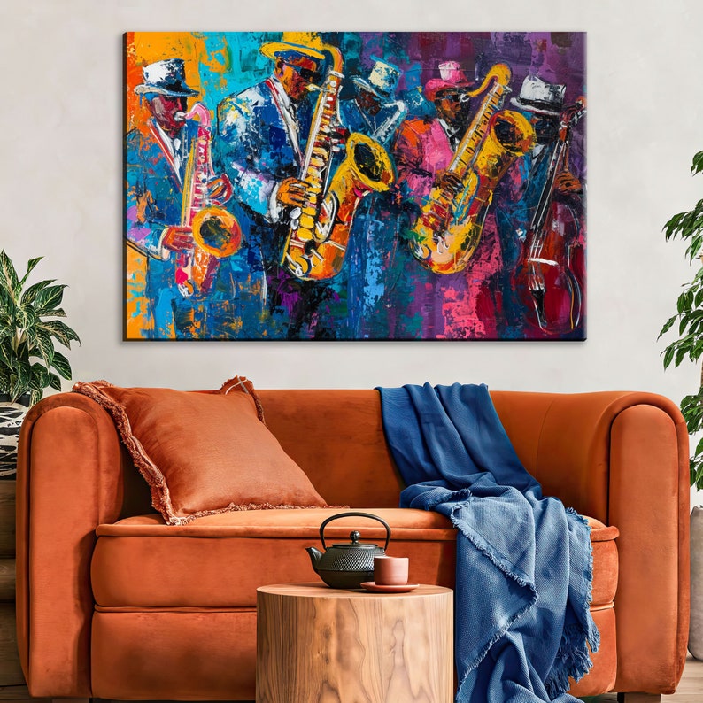 Vibrant Saxophone Jazz Band Wall Decor, Giclee Print on Gallerywrapped
