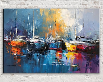 Sailboats in the Harbor, Modern Impressionism, Giclee Print on Gallery-wrapped Artist Canvas, Ready to Hang, Available in Extra Large Sizes