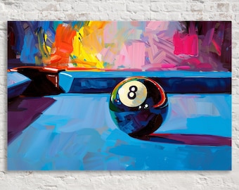 Pode incluir: Pintura abstrata de uma mesa de bilhar com foco na bola oito. A bola é preta com um oito branco. A mesa é azul com pinceladas coloridas no fundo, incluindo laranja, amarelo e rosa.