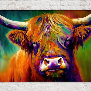 Highland Cow Canvas, Colorful Farmhouse Wall Art, Fashion Giclee Canvas Print