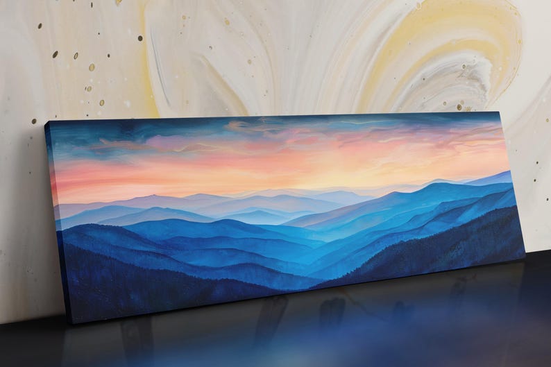 The image is a painting depicting a beautiful mountain landscape with a vibrant sunset over the rolling hills.