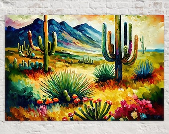 Vintage Desert Scene Canvas Print, Southwest Wall Art Painting, Colorful Landscape, Arizona Beauty