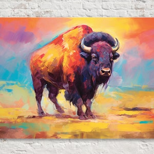 Colorful Buffalo Canvas Print, Wild West Animal Art, Vintage Painting, Farmhouse decor, Extra Large Canvas Print