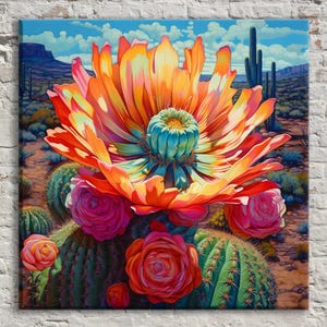 Saguaro Kaktus Blüte Leinwand Kunst, Südwesten Blumendekor, lebendige Sonoran Wüste | Gerahmt oder ungerahmt, fertig zum Aufhängen, in extra großen Größen