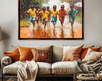 Joyful African Kids Playing in the Rain Canvas Print, Framed or Unframed, Gallery-wrapped Giclée, Ready to Hang, Extra Large Wall Art