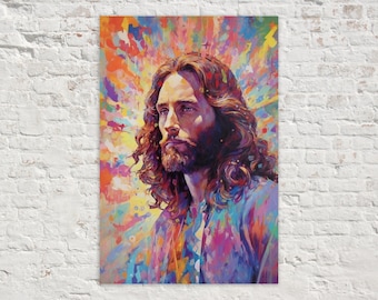 May include: A vibrant, colorful portrait of a man with long, wavy brown hair and a beard. The artwork features a multi-colored background with splashes of paint. The man is wearing a blue and purple shirt.