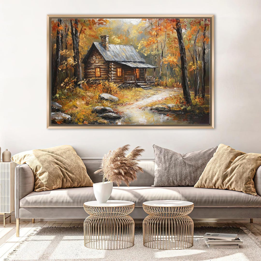 Rustic Large Print Rustic Cabin in the Woods With Autumn Trees Canvas Print, Framed or ...