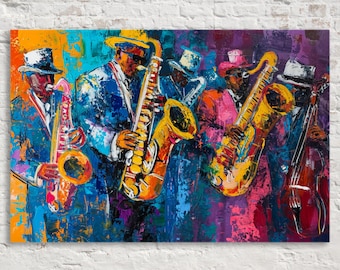 Vibrant Saxophone Jazz Band Wall Decor, Giclee Print on Gallery-wrapped Artist Canvas, Ready to Hang, Available in Extra Large Sizes