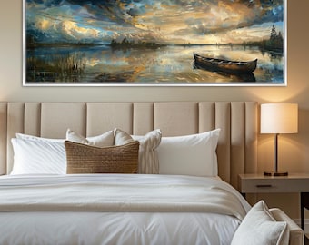 Cuadro panorámico "Canoa en tormenta", impresión en lienzo "Casa del lago", con o sin marco, formato horizontal largo, listo para colgar, cuadro extragrande para pared.