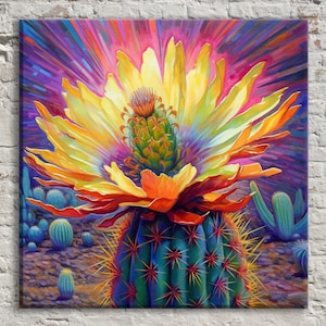 Saguaro Blüte Blume Leinwand, Lebendige Wüsten Kaktus Blume Malerei, Bunte Giclee Große Leinwand Kunstdruck