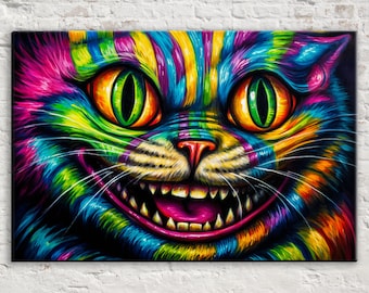 Grinning Feline Wonderland Portrait – Whimsical Giclee Print on Gallery-wrapped Artist Canvas, Ready to Hang, Available in Extra Large Sizes