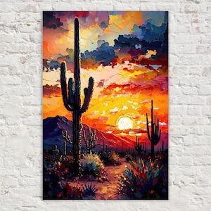 Saguaro-Sonnenuntergang-Leinwandbild, Wandkunst-Leinwanddruck aus dem Südwesten, Wüstenlandschaft von Arizona, Galeriefertiger Giclée-Druck, hohe Qualität