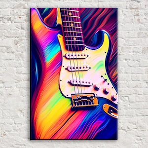 Synthwave Guitar Canvas, Electric Guitar Wall Art, Music Lover Painting, Neon Artwork, Large Canvas Art