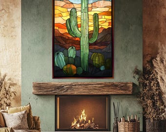 Stained Glass Style Lone Saguaro Cactus Canvas Print, Framed or Unframed, Gallery-wrapped Giclée, Ready to Hang, Extra Large Wall Art