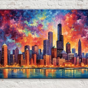 Chicago Illinois Skyline Canvas, Modern Chicago Painting, Cityscape Wall Art, City Wall Decor, Large Canvas Art