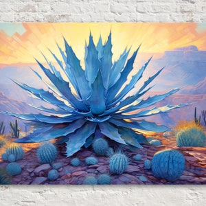 Vivid Blue Agave with Barrel Cacti, Desert Canvas Canvas Art, Southwest Sunset, Giclee Print on Artist Canvas, Extra Large Sizes