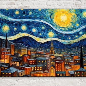 Modern Starry Night Wall Art, Van Gogh Inspired Canvas Print, Colorful Night Painting, Large Canvas Wall Art