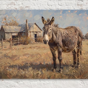 Texan Farm Donkey: Rustic Western Piece, Giclée Print on Gallery-wrapped Artist Canvas, Ready to Hang, Available in Extra Large Sizes