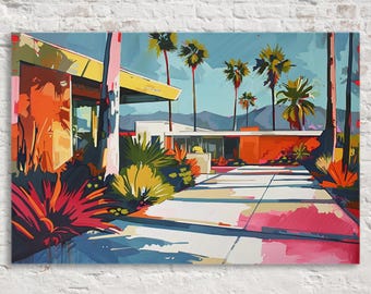 Vintage Modern Palm Springs Painting Wall Art, Giclée Print on Gallery-wrapped Artist Canvas, Ready to Hang, Available in Extra Large Sizes