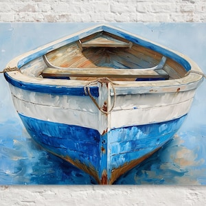 Tranquil Waters: Rustic Blue Wooden Boat Print, Giclee Print on Gallery-wrapped Artist Canvas, Available in Extra Large Sizes