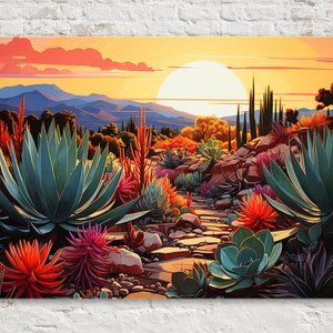 Nature’s Elegance: Agave Desert Scene Artwork on Canvas, Vector Illustration Realism, Giclee Print on Artist Canvas, In Extra Large Sizes