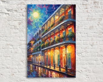 Bourbon Street Canvas Wall Art, Colorful New Orleans Painting Print, Large Canvas Art, Real Wood Frame, High Quality Canvas