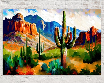 Desert Saguaro Canvas Print, Southwest Landscape Painting, Colorful Artwork