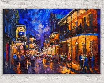 May include: An oil painting on canvas depicting a vibrant street scene at night with deep blue skies and warm orange-lit buildings. The composition features multi-story structures with balconies, street-level crowds, and thick, textured brushstrokes.