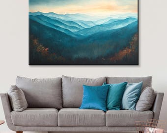 May include: A painting depicting a mountain range with a blue and green colour scheme. The mountains are layered and appear to be covered in mist. The sky is a light blue with a hint of orange in the distance.