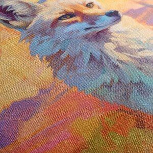 The image is a close-up of a painting featuring a detailed depiction of a fox's face, with its fur rendered in a vibrant mix of colors.
