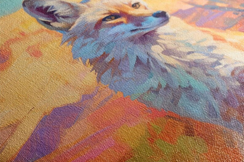 The image is a close-up of a painting featuring a detailed depiction of a fox's face, with its fur rendered in a vibrant mix of colors.